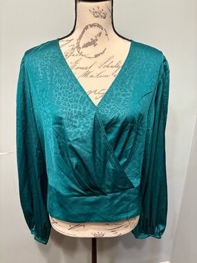 Rachel Zoe Teal Wrap Blouse with Subtle Animal Jacquard